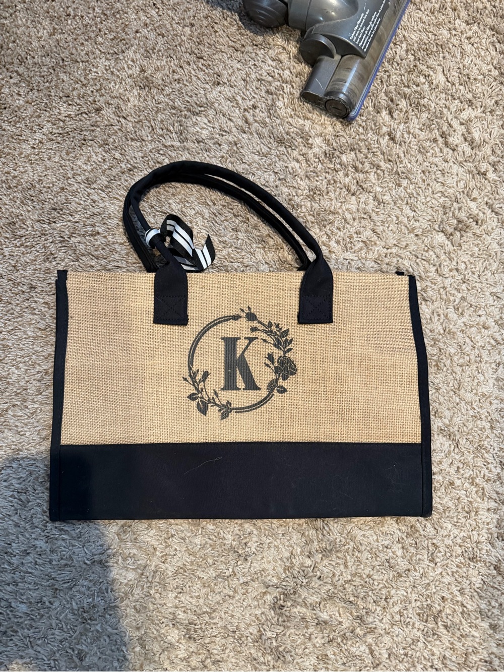 Monogrammed K Initial Canvas Tote Bag in Natural and Black